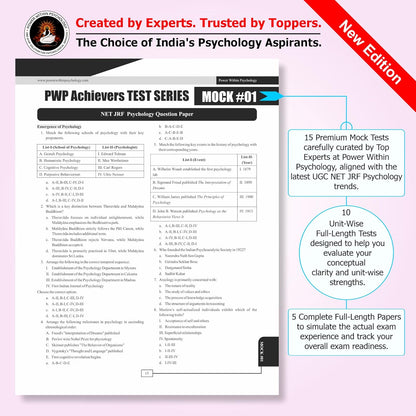 PWP NTA UGC NET JRF Paper 2 Psychology 2025 Achievers Question Bank Book | 15 Full Paper Mock Test Papers | OMR Sheets + Free CBT Mode Online Access | Also useful for SET / GATE / UPHESC / HPPSC / RPSC